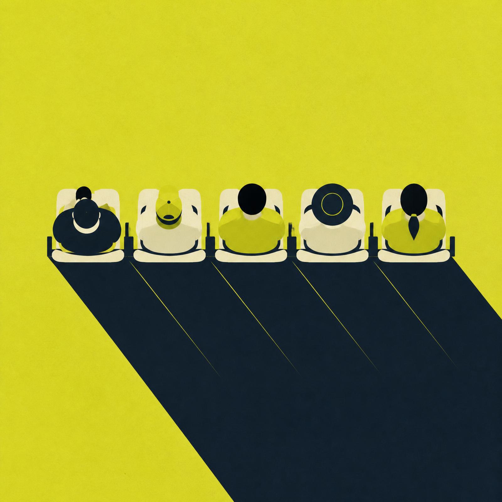 Bird's-eye illustration of five spectators on a row of bench seats casting long shadows